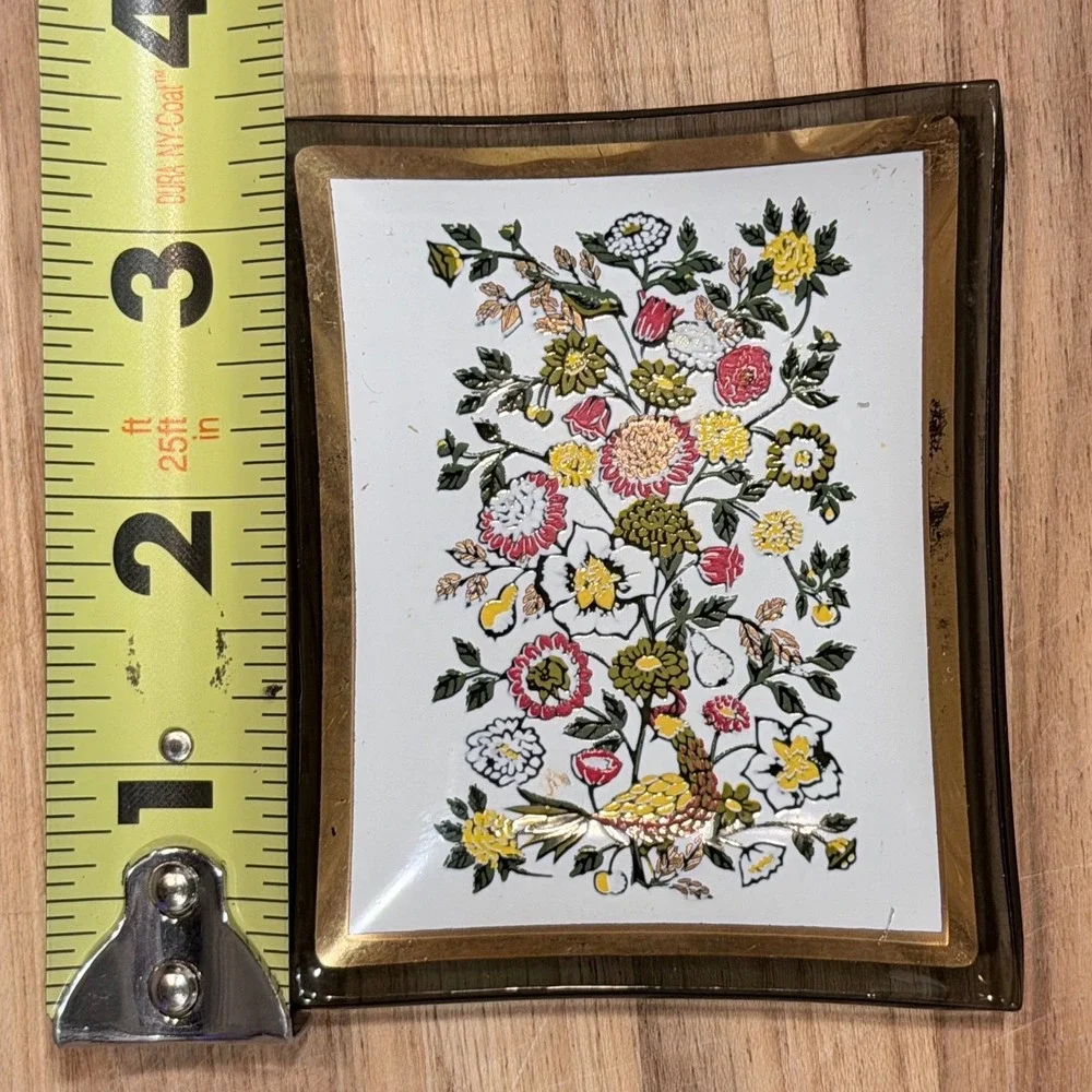 Vintage Glass Trinket Dish Peacock Floral Chinoiserie Gold‎ Trim Catchall 4x3